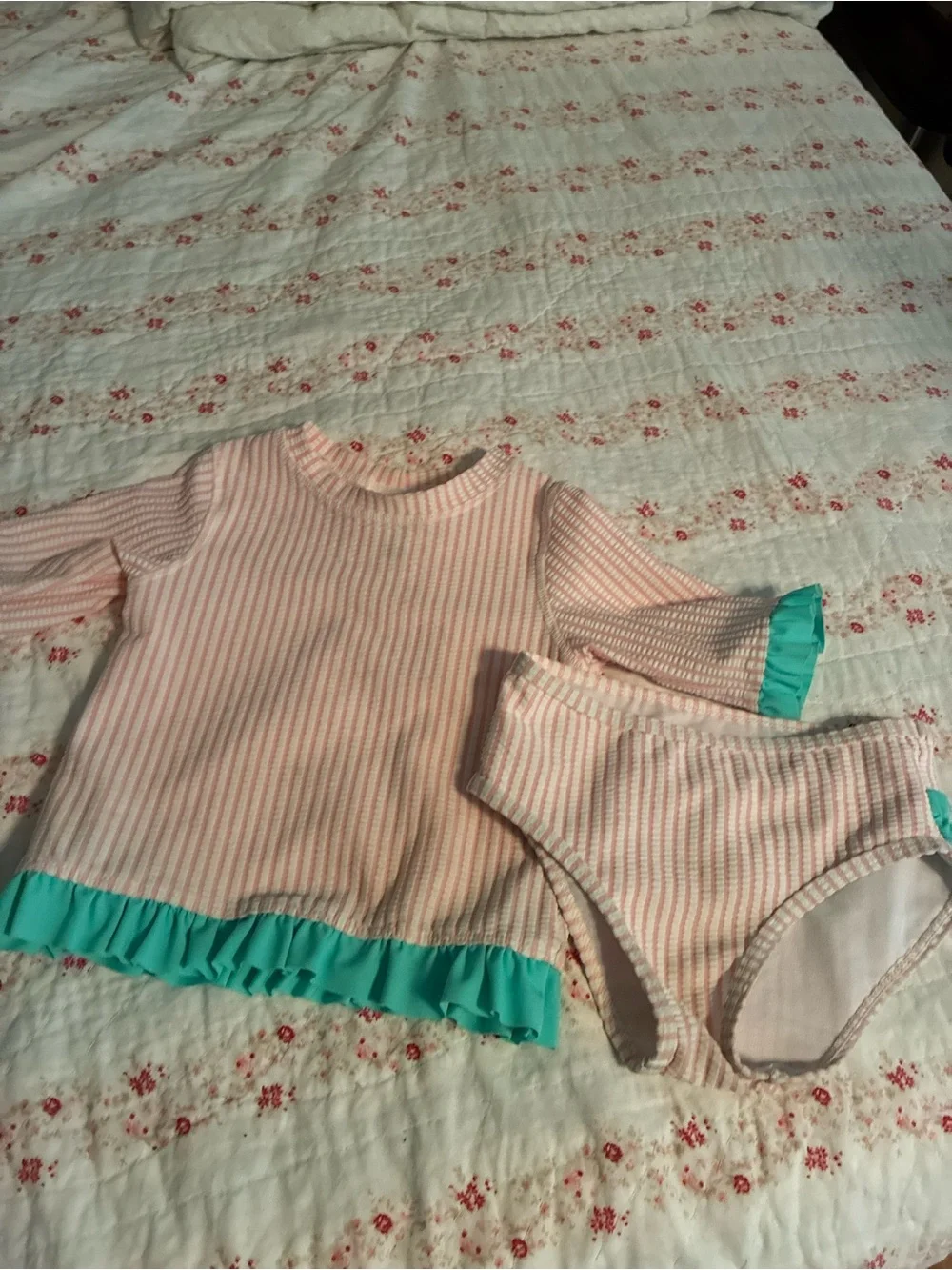 Ruffle Butts Pink Stripe Bikini Set with Teal Ruffle Trim